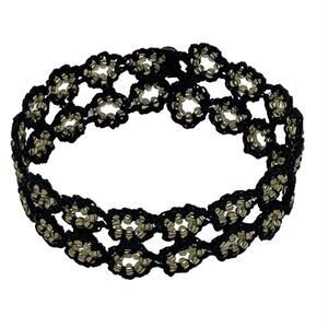 Turkish Artisan Fashion Flat Crochet 7” Bracelet Black Cord Gold Round Beads